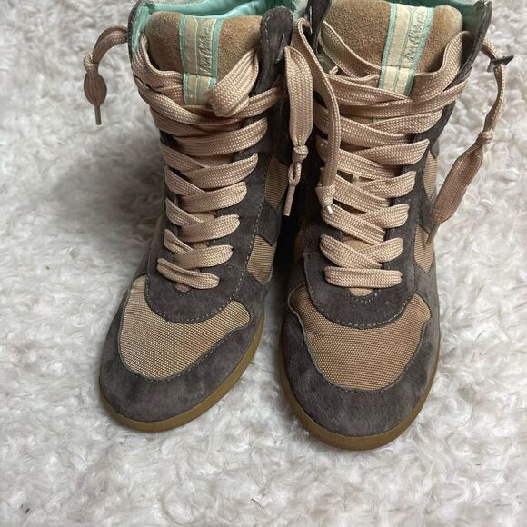 Sam Edelman leather suede gray & mint green &fabric tan lace up wedge bo… - Picture 4 of 14